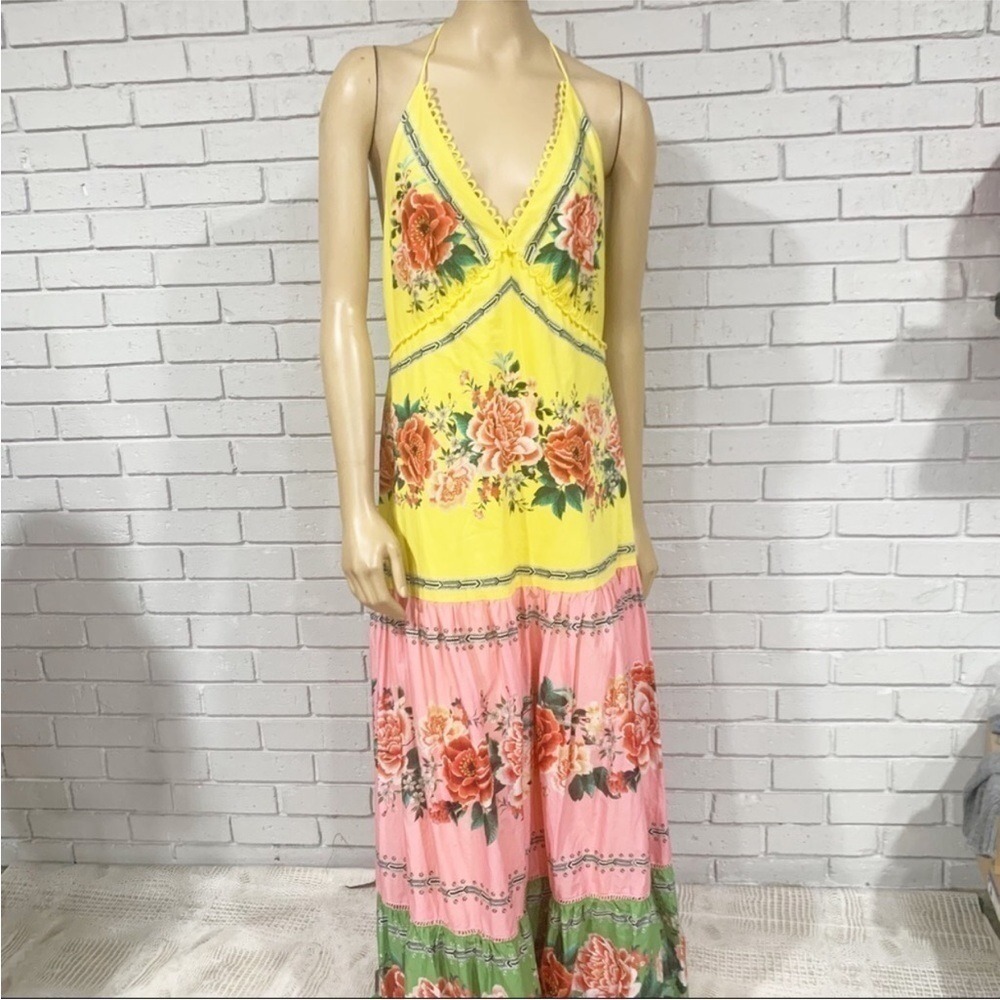 Farm Rio Floral Halter Maxi Dress Yellow Pink Open Back Tassel Boho | Large